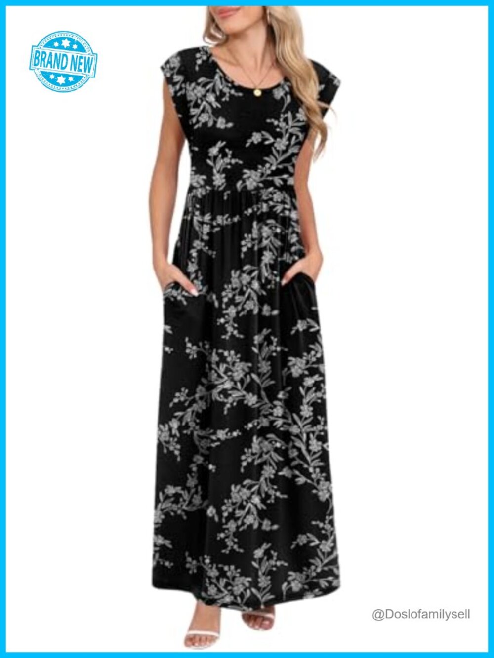Cap Sleeve Maxi Dress with Pockets Empire Waist Loose Fit Summer Sundress - Picture 4 of 6